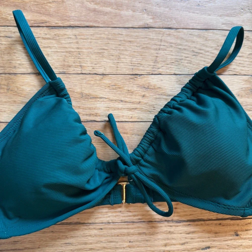 Shade & Shore Dark Green Ribbed Front Tie Bikini Top Removable Pads Medium 8-10